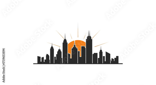 Urban panorama silhouetted against a rising sun with geometric building outlines and dynamic lines
