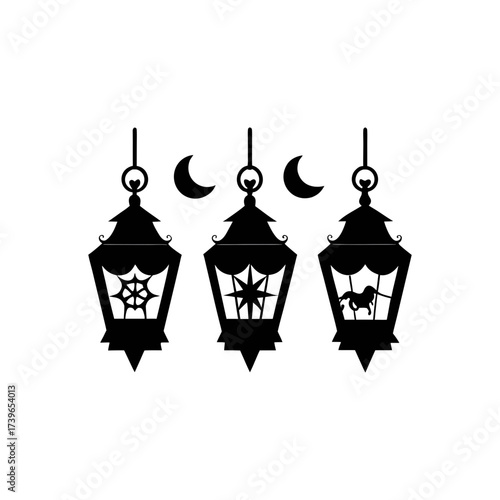 Three hanging lanterns with moon phases featuring spiderweb star and horse silhouettes design vector on transparent background