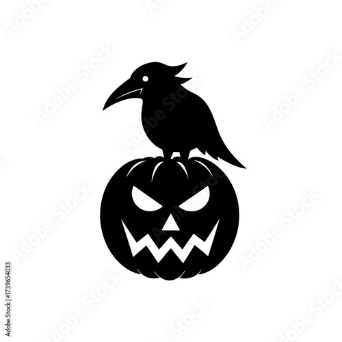 Silhouette of a crow perched atop a menacing jack o lantern in a simple black and white illustration on transparent background