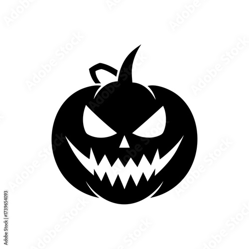 Silhouette of a halloween pumpkin with a scary face design and stem on a white plain background view on transparent background