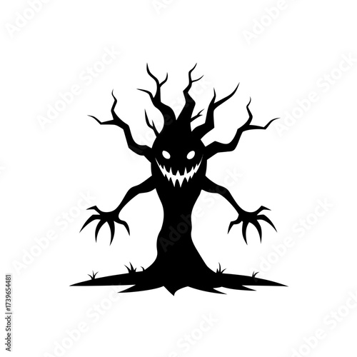 Silhouette of a spooky halloween tree with a scary face and outstretched branches on a white background on transparent background