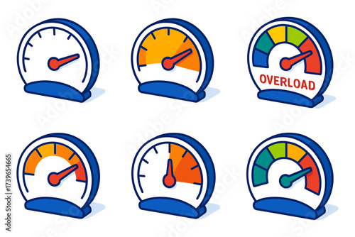 isometric speedometer dials icons,analog gauge, overload meter, semicircle dial, needle pointer, dashboard base, speed scale