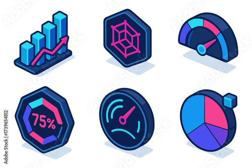 isometric neon analytics icon set ,bar growth, radar web, speed gauge, octagon percent, dial meter, pie timer