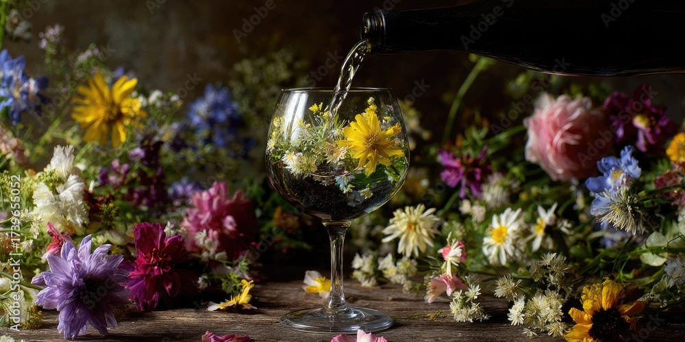 Fototapeta premium Pouring wildflowers into wine glasses: a summer still life wildflower, wine glass, still life, summer, pouring, floral arrangement, botanical