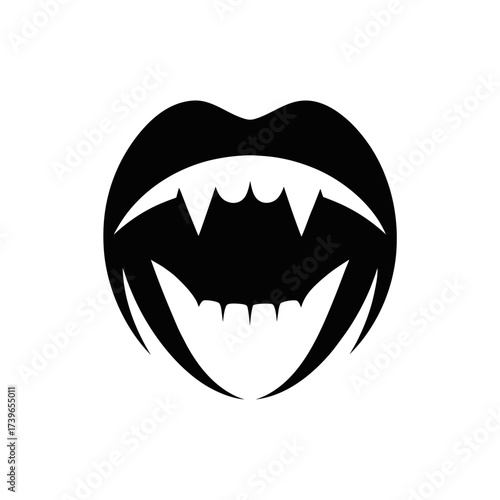 Illustration of black lips with sharp fangs and teeth in a stylized vampire mouth design graphic vector on transparent background silhouette