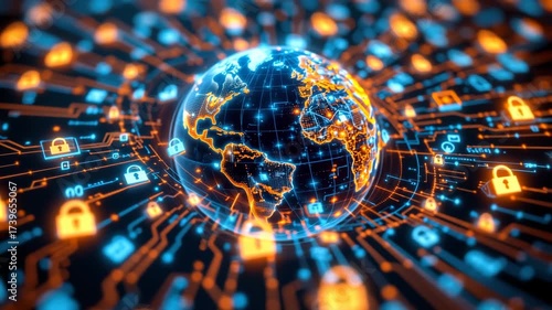 Global Security and Protection: A captivating visual representation of global security, symbolizing digital safety and the protection of information, enhanced with glowing circuit board textures.