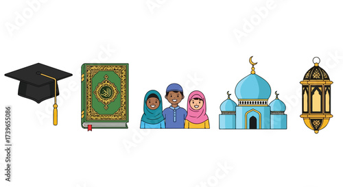 Islamic Education and Faith Symbols Graduation Cap Quran Family Mosque and Lantern for Cultural and Religious Concepts