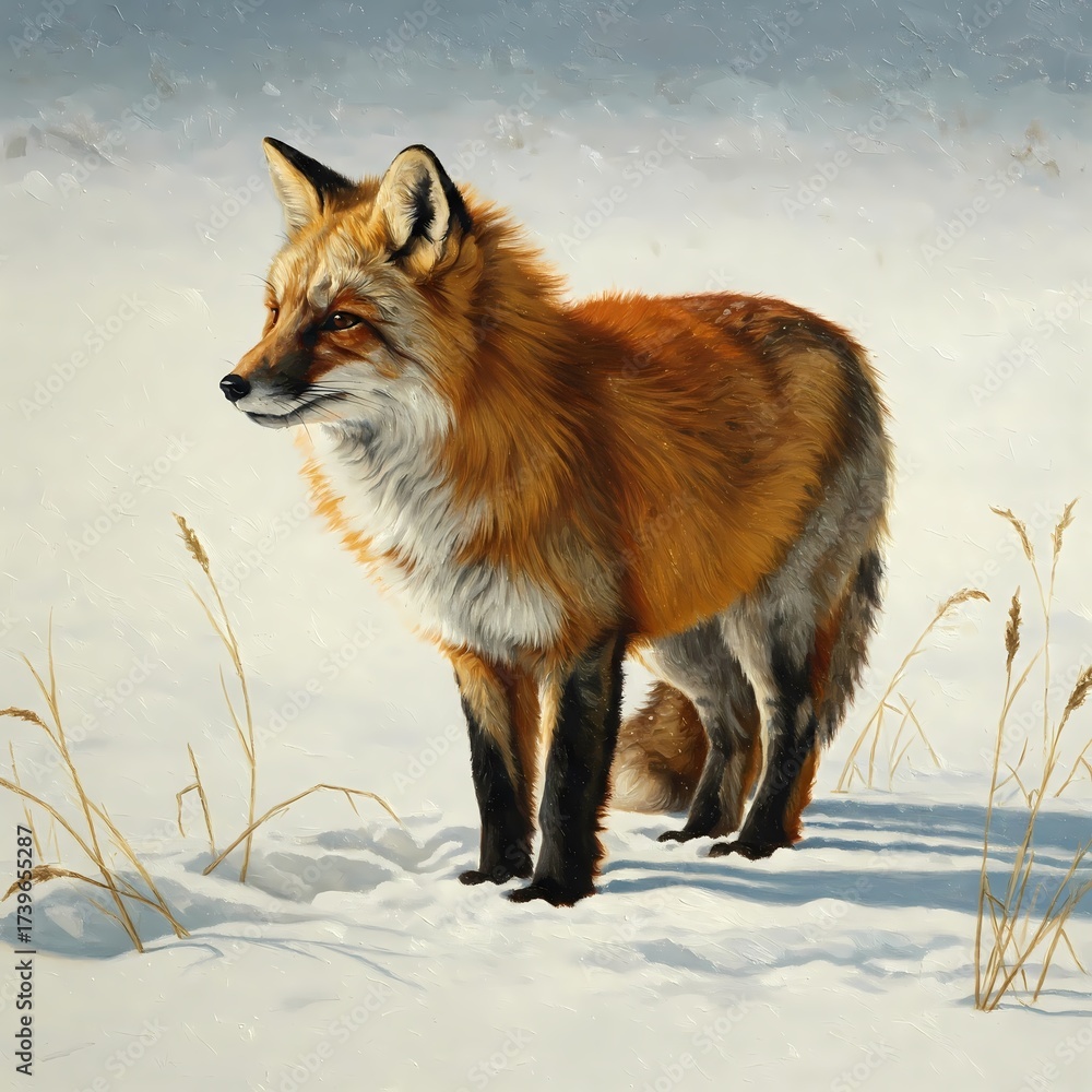 Obraz premium Red fox in snowy landscape. Realistic oil painting of a wild animal in winter. 
