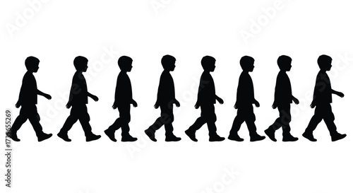 Vector illustration of a line of eight identical black silhouettes of young boys walking forward in unison, isolated on a, representing childhood, movement, and group activity