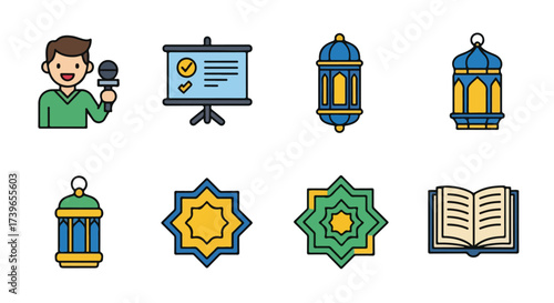 Set of Islamic and Business Icons Ramadan Lanterns Geometric Patterns Presenter Presentation Board and Holy Book for Ramadan and Corporate Concepts