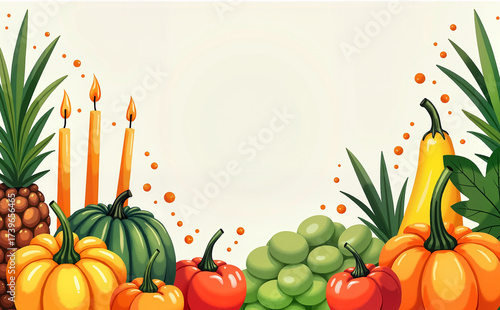 Watercolor harvest-themed background with fruits, vegetables, and candles celebrating Kwanzaa