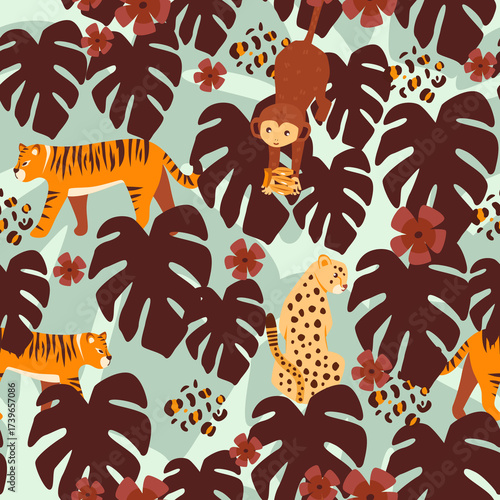 Photography Jungle Pattern with Tigers Leopards Monkey and Tropical Leaves in Brown and Oran