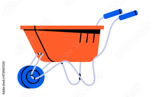 Hand drawn cute illustration of wheelbarrow. Flat vector building industry doodle. Construction work tool sticker. Gardening transportation work icon. Settings fix problem. Isolated.