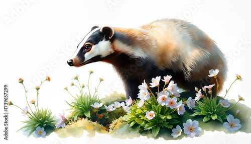 Stylized pencil drawing of a badger amidst blooming flowers in a natural setting