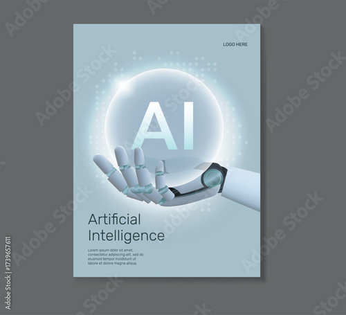 AI Digital technology business light poster template vector. Business light gradient poster design set. AI technology business poster in grey. Clean design poster template.