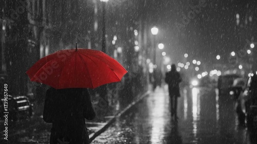 Wallpaper Mural Red umbrella glowing under heavy rain,black-and-white city background,copy space,web banner. Torontodigital.ca