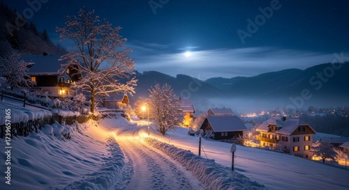 A snowy mountain village at night, bathed in moonlight and warm light from homes, showcasing a serene and peaceful winter scene.