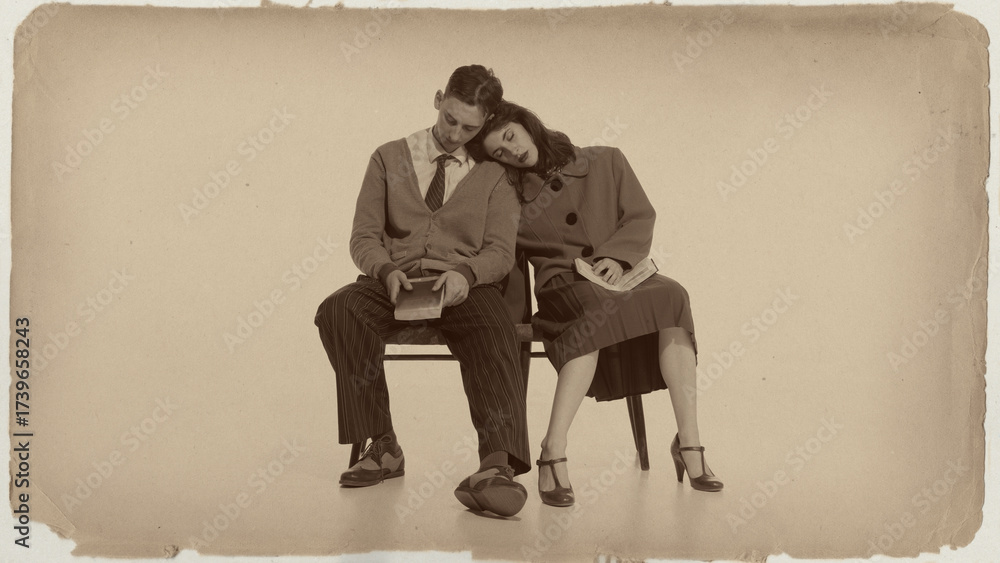 © master1305 - Couple sits with books resting together in nostalgic retro lifestyle scene with sepia effect. Concept of relaxation, vintage love, storytelling emotions and lifestyle branding.