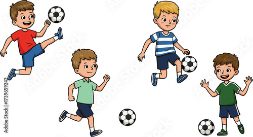 Cartoon boys playing soccer, children football game, happy kids with soccer ball, outdoor sport activity, fun teamwork, exercise illustration design
