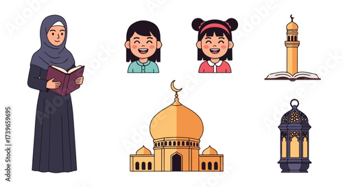 Diverse Islamic Cultural Elements Muslim Woman Reading Children Mosque Minaret Lantern Book Vector Illustration Set