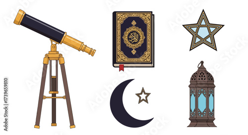 Islamic Symbols and Astronomy Quran Crescent Moon Star Telescope Lantern Pentagram Conceptual Illustration