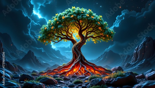 The Tree of Life: An artistic digital painting depicts the tree of life in a vivid display of nature and spiritual symbolism. Roots of the tree glowing with warmth.