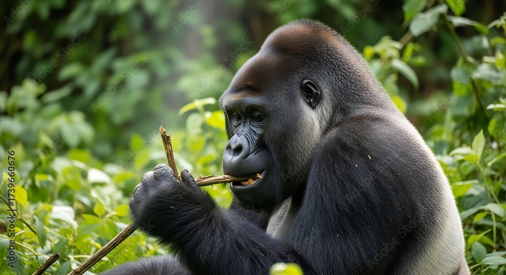 Fototapeta premium Majestic Silverback Gorilla Foraging in Lush Green Forest.
