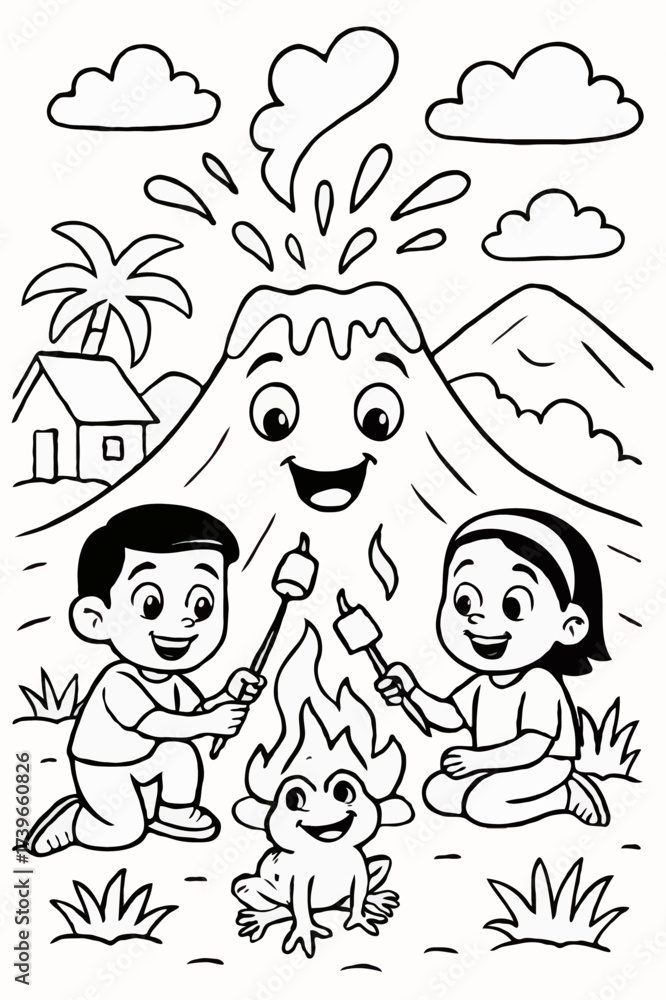 Fototapeta premium Happy children toasting marshmallows by a friendly campfire frog with an erupting volcano backdrop, a fun coloring page.