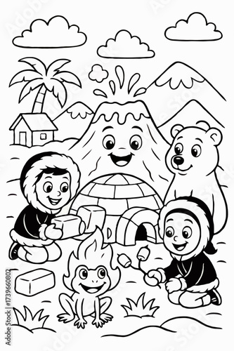  Inuit children building an igloo and toasting marshmallows near a friendly volcano, with a polar bear and a palm tree.