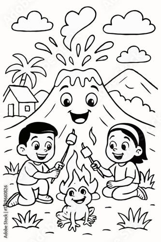 Happy children toasting marshmallows by a friendly campfire frog with an erupting volcano backdrop, a fun coloring page.