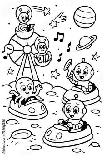 Astronaut robots and alien riding bumper cars and a Ferris wheel in an outer space amusement park.
