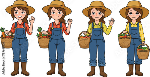 Cartoon female farmers holding baskets, fresh vegetables, agriculture lifestyle, farming women in overalls, countryside harvest, rural character illustration, organic food