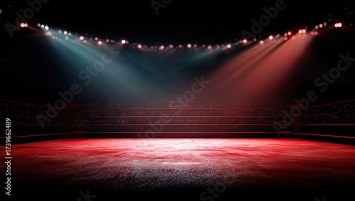 An empty boxing ring lit dramatically with red and blue spotlights against a blurred background