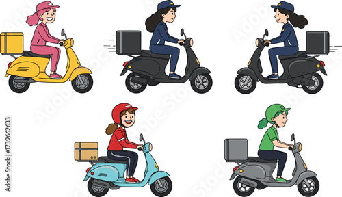 Cartoon female delivery riders on scooter, fast food delivery service, courier transportation, online order shipping, express logistics, urban street delivery