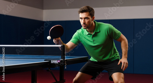 Intense male athlete playing table tennis, focused and ready for action