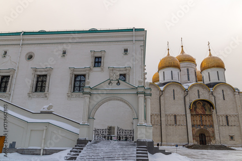The cathedral with golden domes on the territory of the Moscow Kremlin. Temples of the Moscow Kremlin. The architectural ensemble of Cathedral Square. Culture and heritage in architecture.