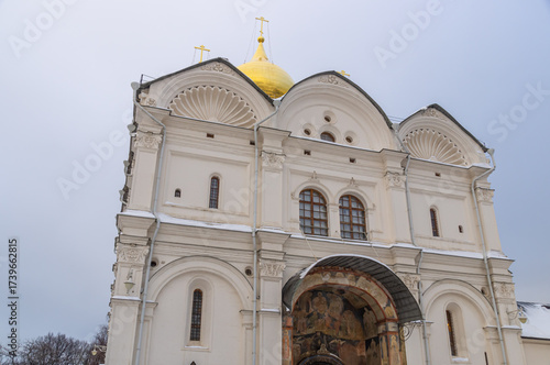 The cathedral with golden domes on the territory of the Moscow Kremlin. Temples of the Moscow Kremlin. The architectural ensemble of Cathedral Square. Culture and heritage in architecture.