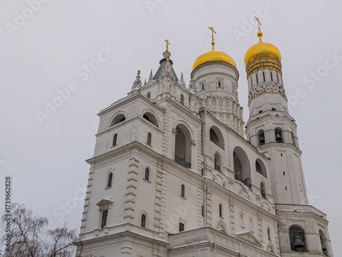 The cathedral with golden domes on the territory of the Moscow Kremlin. Temples of the Moscow Kremlin. The architectural ensemble of Cathedral Square. Culture and heritage in architecture.