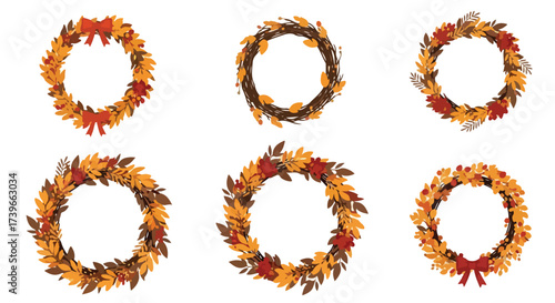 Set of 6 Autumn Fall Leaf Wreaths with Berries and Bows Decorative Seasonal Holiday Decor Elements for Thanksgiving and Harvest Celebrations