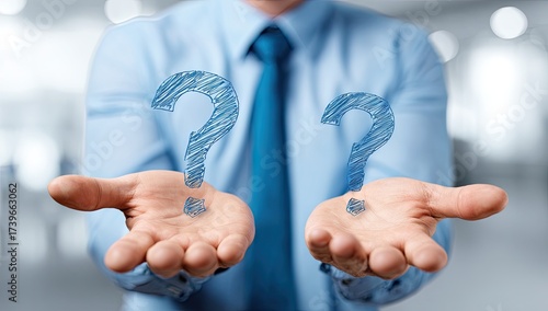Man in light blue shirt presents two blue sketched question marks on open palms