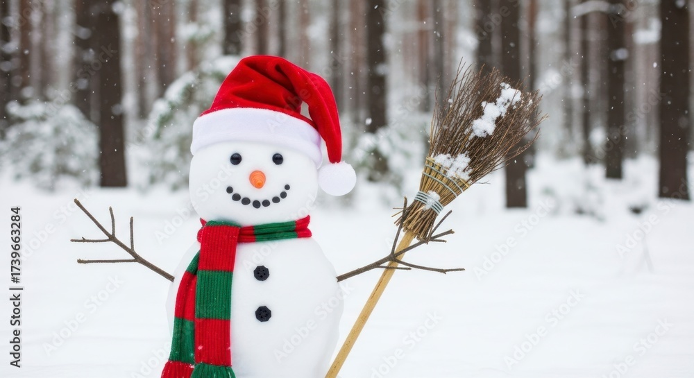 Fototapeta premium Cheerful Snowman in Santa Hat Holding a Broom in a Snowy Forest