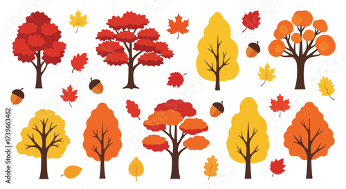 Vibrant Autumn Trees and Falling Acorns Collection Vector Illustration for Seasonal Designs