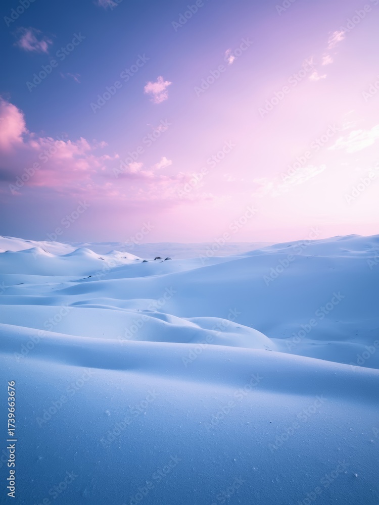 Obraz premium Ethereal Pink and Purple Sunset Over Pristine Snow Dunes in Arctic LandscapeDescription A breathtaking, vertical photograph capturing a vast, pristine snow-covered landscape composed of soft, undula