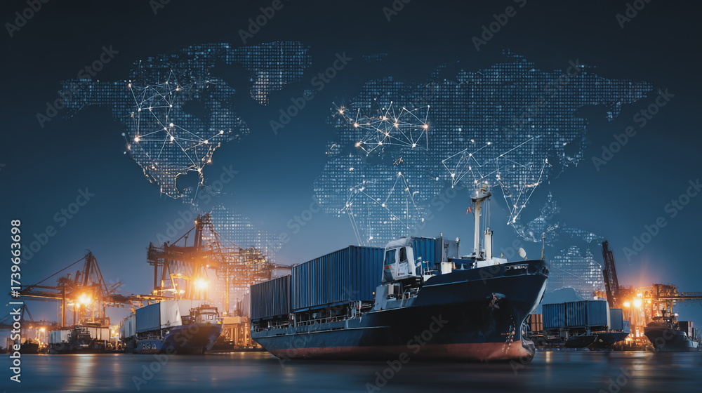 Obraz premium Double exposure of Twilight view of Container truck in ship port for business Logistics and transportation of Container Cargo ship and Cargo plane with working crane bridge with Earth and world map