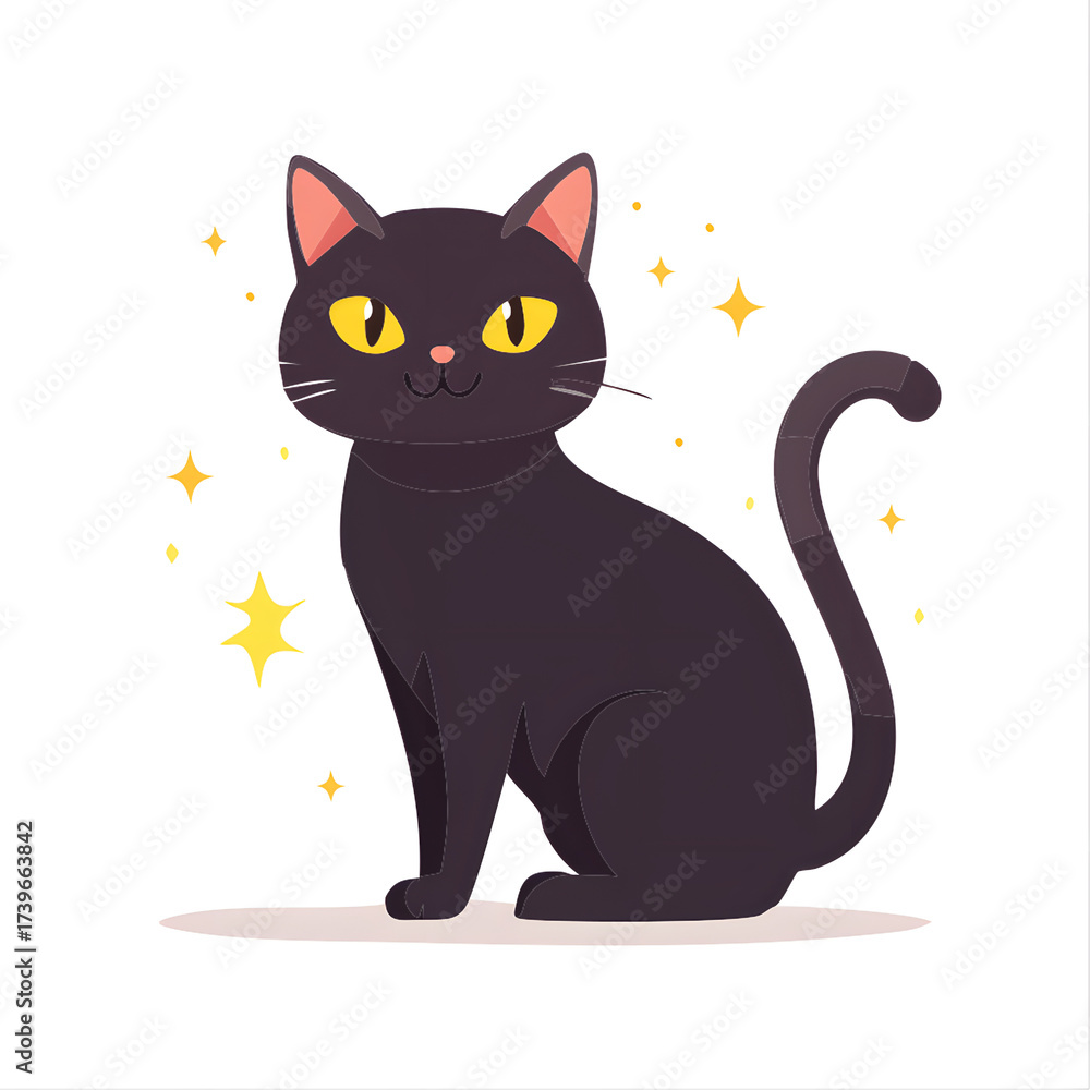 Fototapeta premium A cute black cat with bright yellow eyes sitting and looking forward, surrounded by sparkling yellow stars.