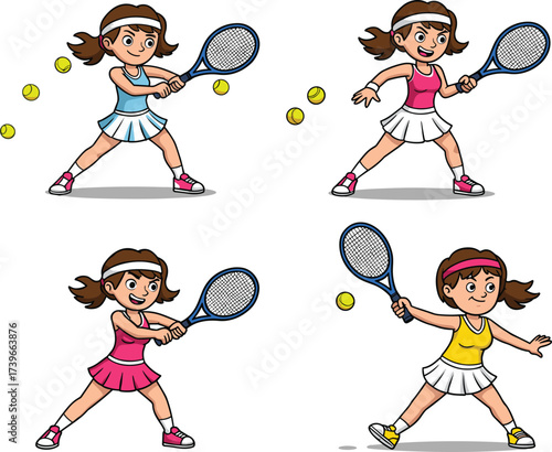 Cartoon girls playing tennis with rackets and balls, cute female players in sports uniform, tennis practice illustration, cartoon sport activity design