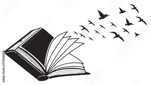 Open book with pages turning into birds flying away in a monochrome illustration with white background
