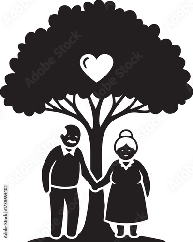 Elderly Couple Holding Hands Beneath Heart Tree for Companionship