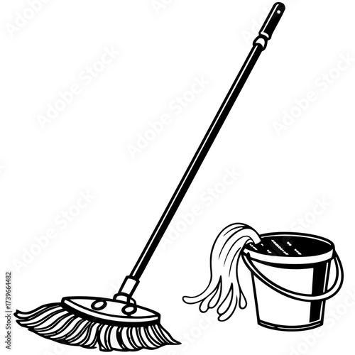 An illustration of a mop with a bucket filled with water for cleaning and household maintenance tasks