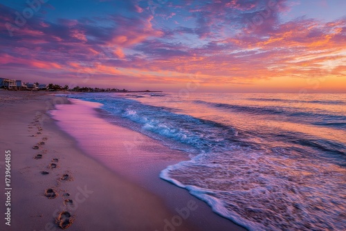 Beautiful sunrise on a beach with pink clouds, footprints in sand. Use this for travel blogs, romantic getaways, or peaceful inspirations.